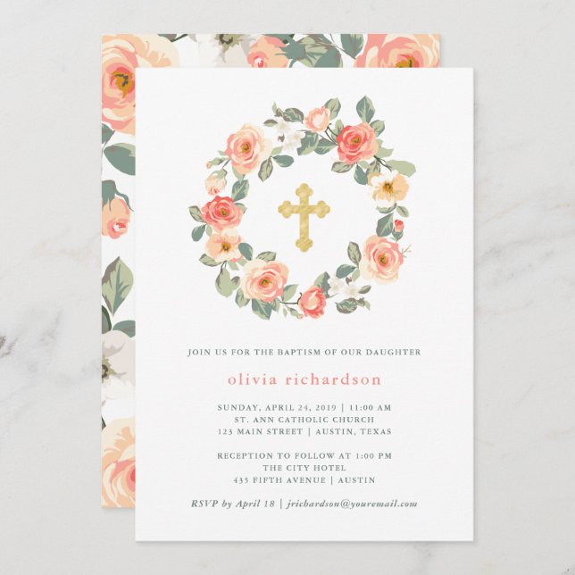 Pretty Peach Floral Wreath with Cross | Baptism Invitation (Front/Back)