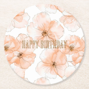 Pretty Peach Flowers Birthday Round Paper Coaster