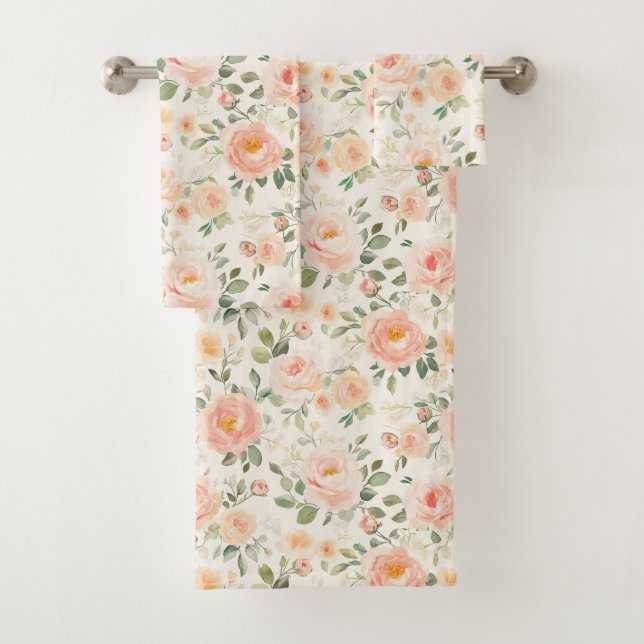 Pretty Peach Flowers Bridal Shower Bath Towel Set (Insitu)