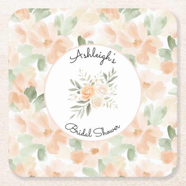 Pretty Peach Flowers Bridal Shower Square Paper Coaster (Front)