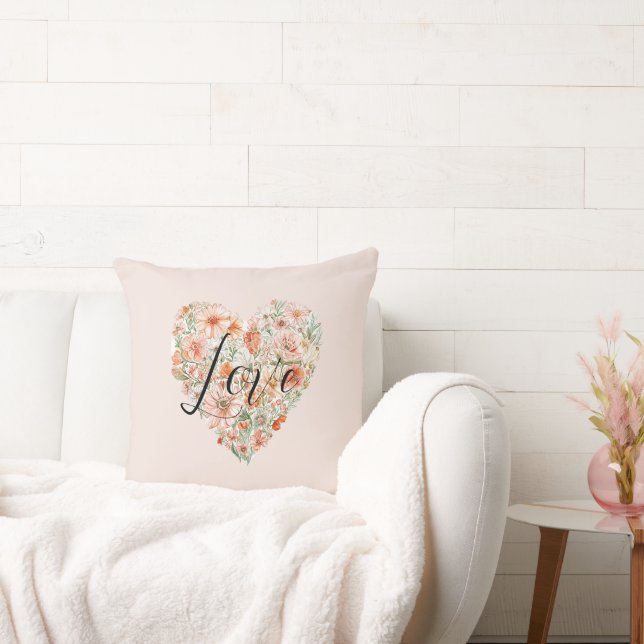 Pretty Peach Flowers Heart Cushion (Couch)