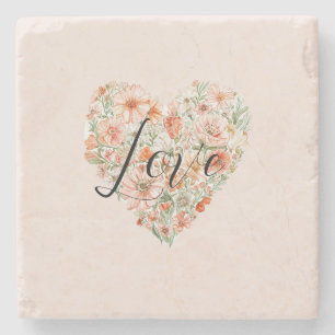 Pretty Peach Flowers Heart Stone Coaster