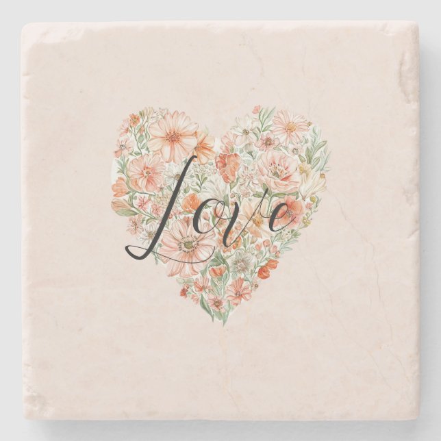 Pretty Peach Flowers Heart Stone Coaster (Front)