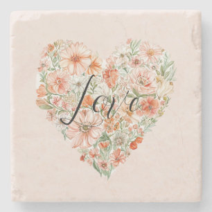 Pretty Peach Flowers Heart Stone Coaster