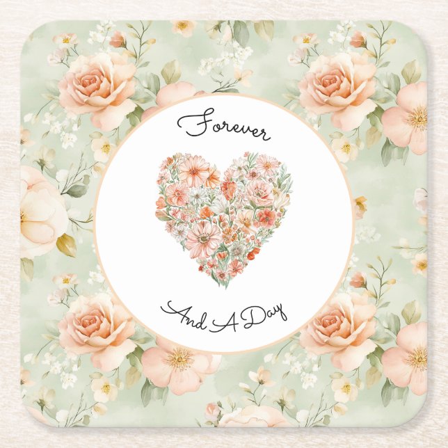 Pretty Peach Flowers Wedding Square Paper Coaster (Front)