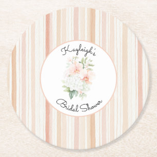 Pretty Peach Orchid Flowers Stripes Bridal Shower Round Paper Coaster