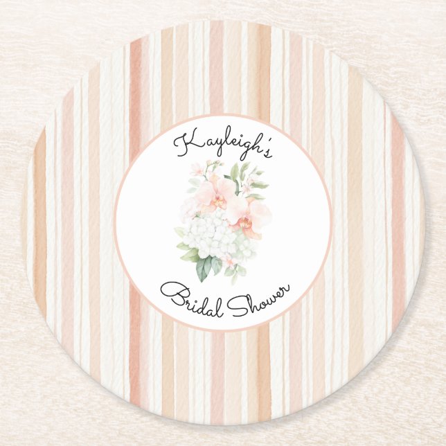 Pretty Peach Orchid Flowers Stripes Bridal Shower  Round Paper Coaster (Front)