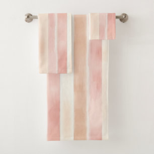 Pretty Peach Pink Cream Stripes Bath Towel Set
