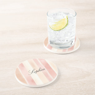 Pretty Peach Pink Cream Stripes Coaster