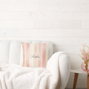 Pretty Peach Pink Cream Stripes Cushion