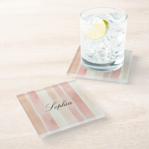 Pretty Peach Pink Cream Stripes Glass Coaster