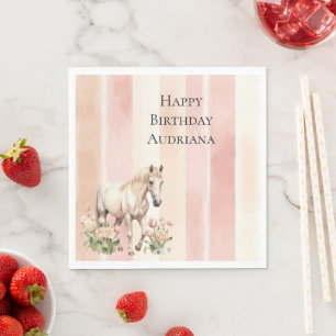 Pretty Peach Pink Cream Stripes Horse Birthday Napkin