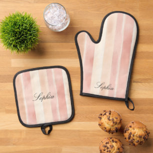 Pretty Peach Pink Cream Stripes Oven Mitt & Pot Holder Set