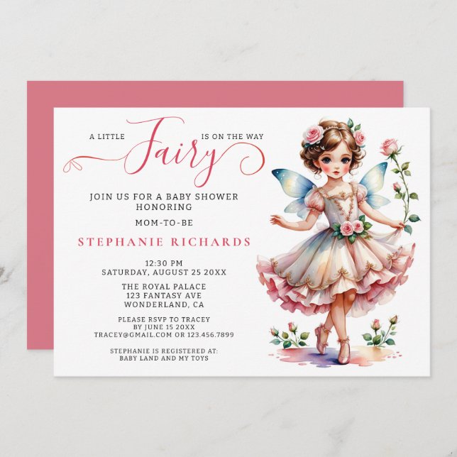Pretty Peach Pink Flower Fairy Baby Shower Floral Invitation (Front/Back)