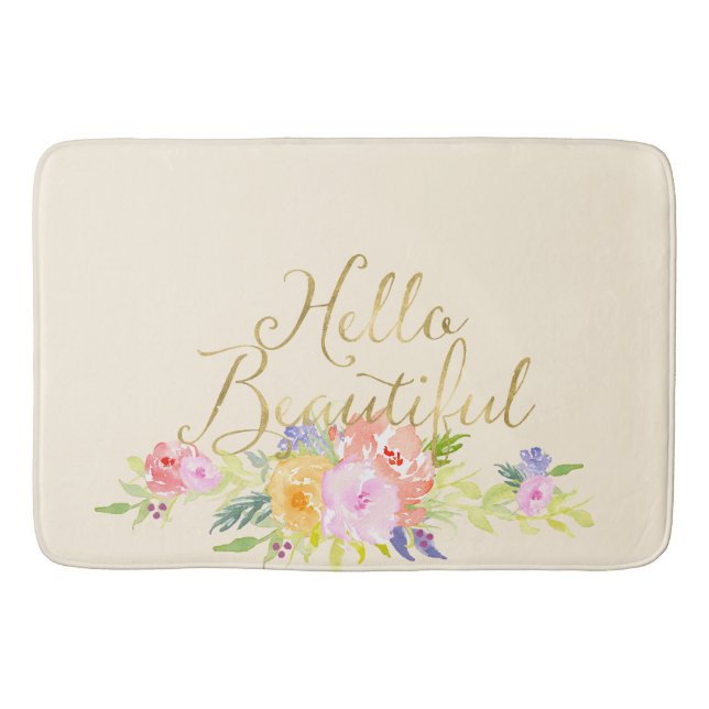 Pretty Peach Pink Watercolor Floral Bath Mat (Front)