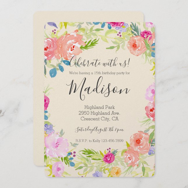 Pretty Peach Pink Watercolor Floral birthday Invitation (Front/Back)