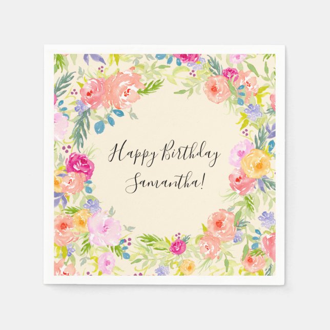 Pretty Peach Pink Watercolor Floral birthday Napkin (Front)