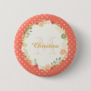 Pretty Peach Polka Dot Floral Name and Monogram 6 Cm Round Badge