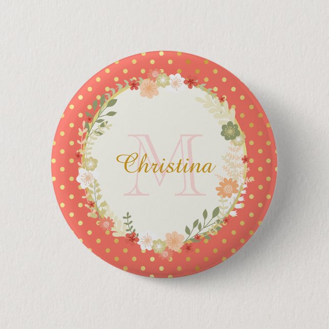 Pretty Peach Polka Dot Floral Name and Monogram 6 Cm Round Badge (Front)