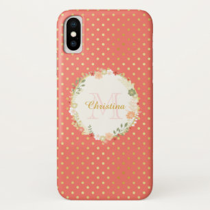 Pretty Peach Polka Dot Floral Name and Monogram iPhone X Case