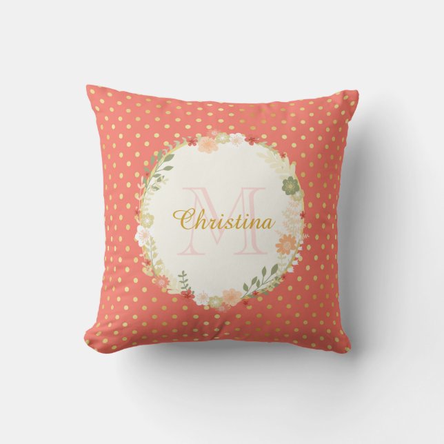 Pretty Peach Polka Dot Floral Name and Monogram Cushion (Front)