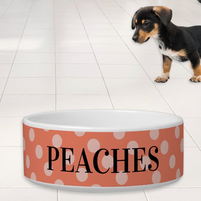 Pretty Peach Polka Dot Pattern Retro Bowl (A pretty dog bowl with a peach colored polka dot pattern, to personalize with your pet's name)
