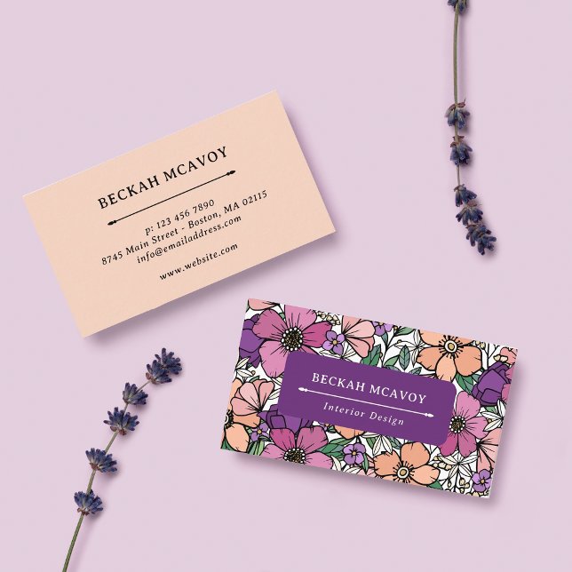 Pretty Peach & Purple Floral Pattern Business Card (Creator Uploaded)