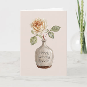 Pretty Peach Rose Flower in Vase Birthday Card