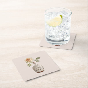 Pretty Peach Rose Flower in Vase Square Paper Coaster