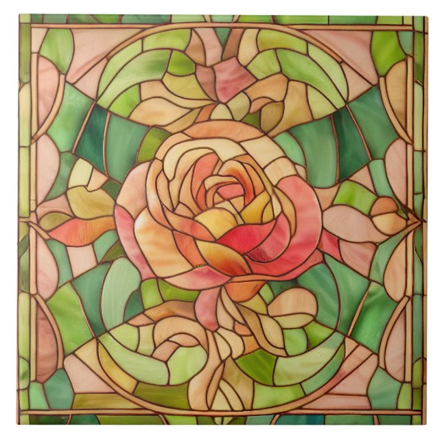 Pretty Peach Rose Stained Glass Style Ceramic Tile (Front)