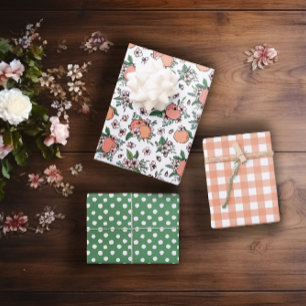 Pretty Peaches & Gingham Mixed Patterns Wrapping Paper Sheet