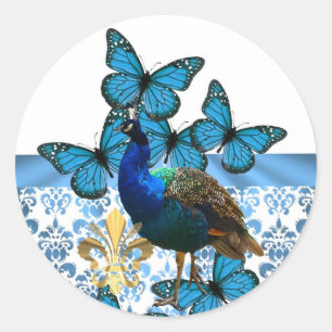 Pretty Peacock and blue butterflies Classic Round Sticker