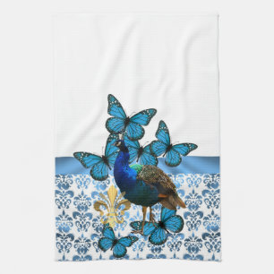 Pretty Peacock and blue butterflies Tea Towel
