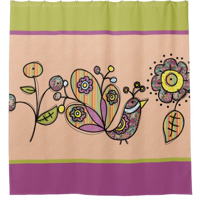 Pretty Peacock Bird With Flowers Shower Curtain (Front)