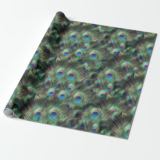 Pretty Peacock Feather Animal Print Wrapping Paper (Unrolled)