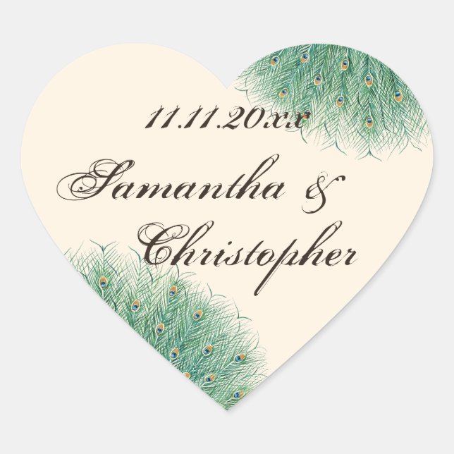 Pretty Peacock Feathers Heart Sticker (Front)