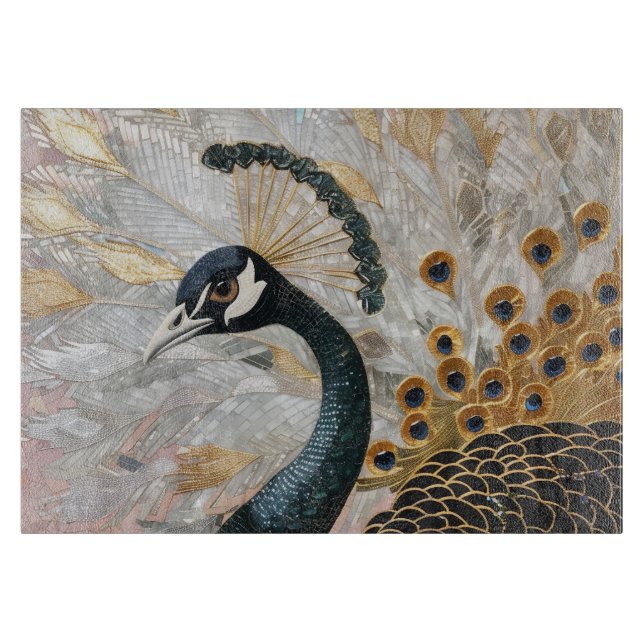 Pretty Peacock Gold Christmas Cutting Board (Front)