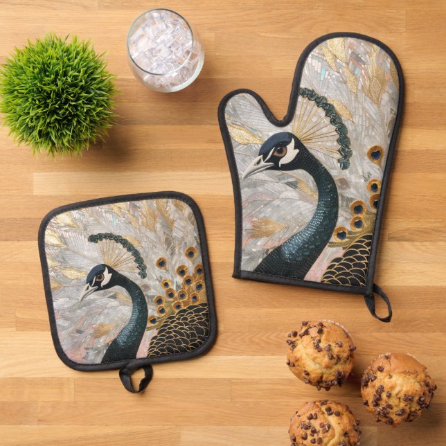 Pretty Peacock Gold Christmas Oven Mitt & Pot Holder Set (Top Down)