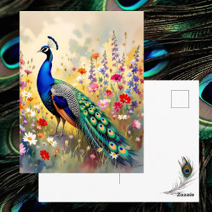 Pretty Peacock in Floral Meadow   Saying Hi Postcard