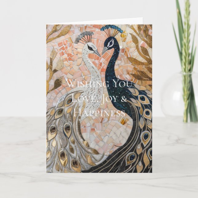 Pretty Peacock Pink Gold Christmas Card (Front)