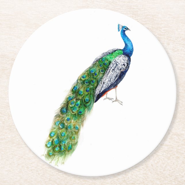 Pretty Peacock Round Paper Coaster (Front)