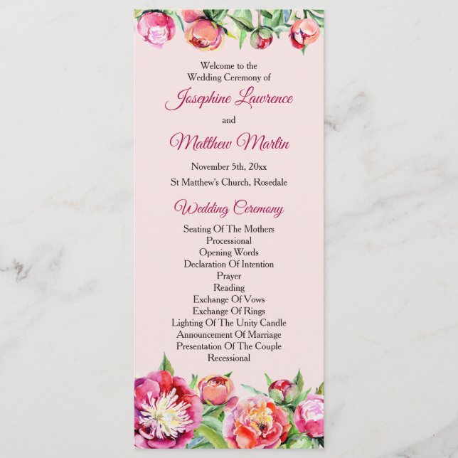 Pretty Peonies Floral Wedding Ceremony Program (Front)
