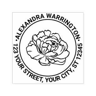 Pretty Peony Bloom Blossom Name Return Address Self-inking Stamp