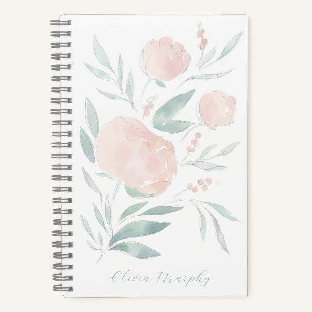Pretty peony floral personalised  notebook (Front)
