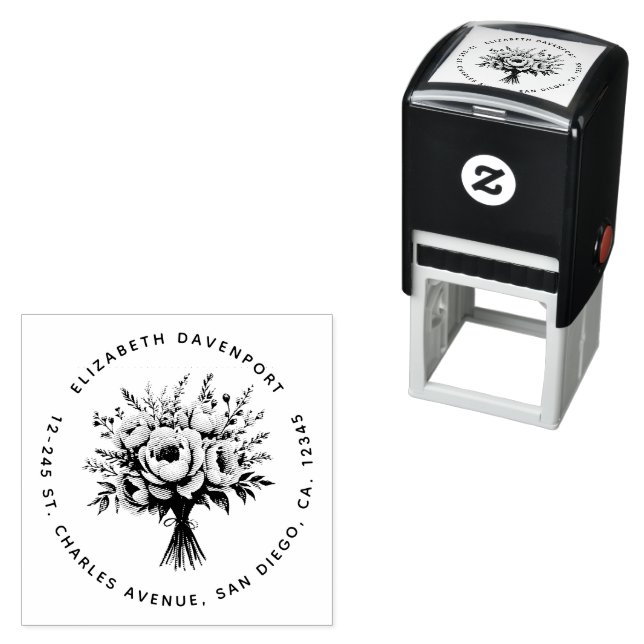 Pretty Peony Flower Bouquet Address Self-inking Stamp (In Situ)