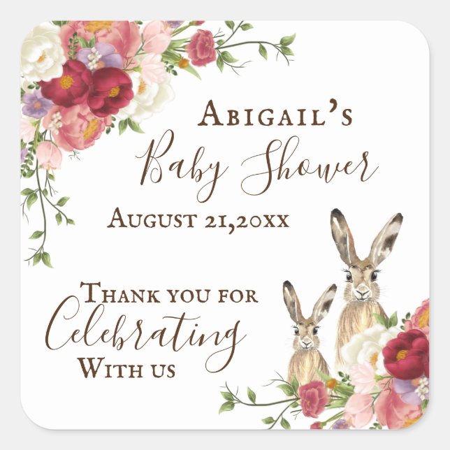 Pretty Peony Flowers and Bunny Rabbit Baby Shower Square Sticker (Front)