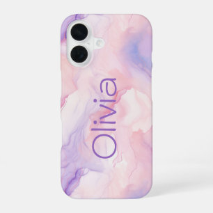Pretty Personalised Abstract Marble Pink Purple iPhone 16 Case
