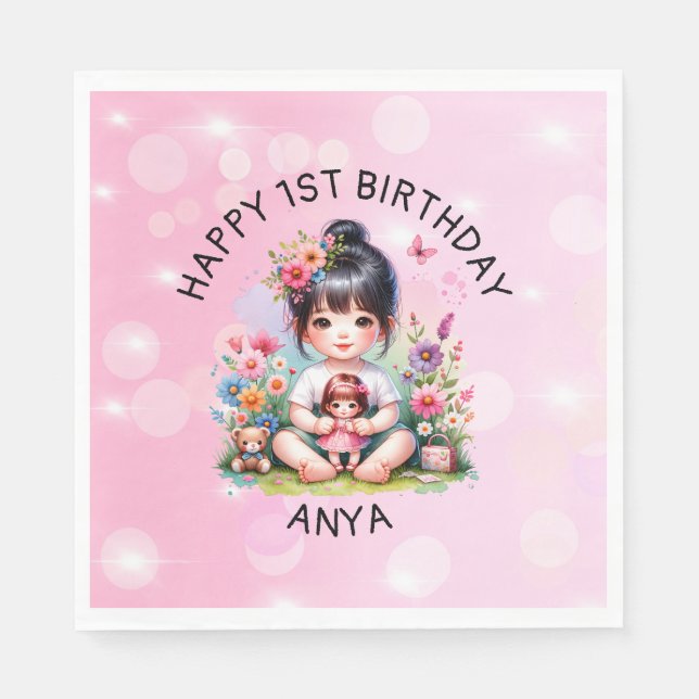 Pretty Personalised Asian Girl and Doll Birthday  Napkin (Front)