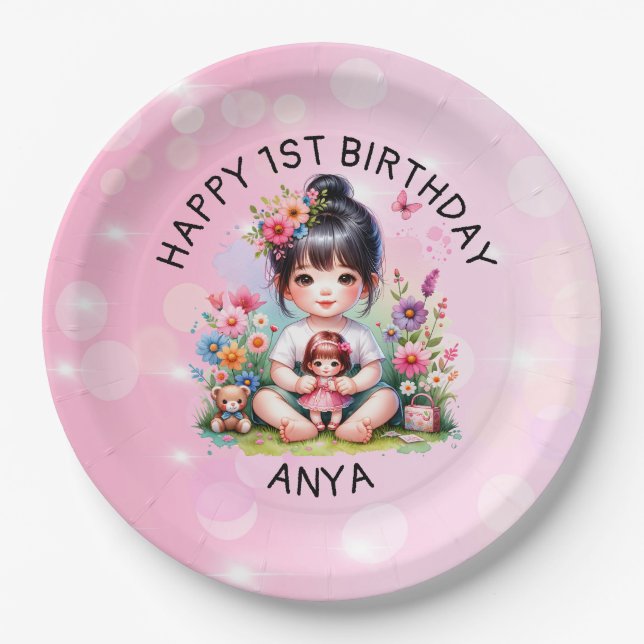 Pretty Personalised Asian Girl and Doll Birthday  Paper Plate (Front)