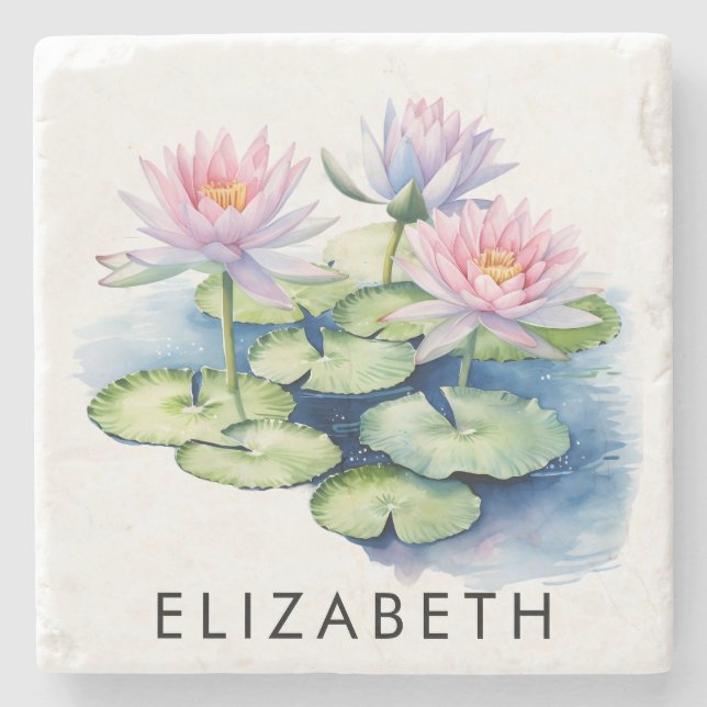 Pretty Personalised Birth Month Flower Custom Name Stone Coaster (Front)